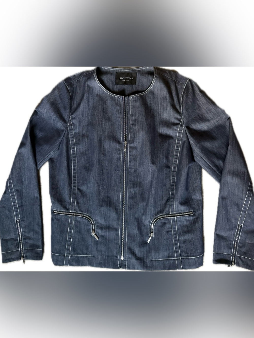 Lafayette 148 New York Malia Dark Denim Zip-Front Jacket Sz 12 Topstitched